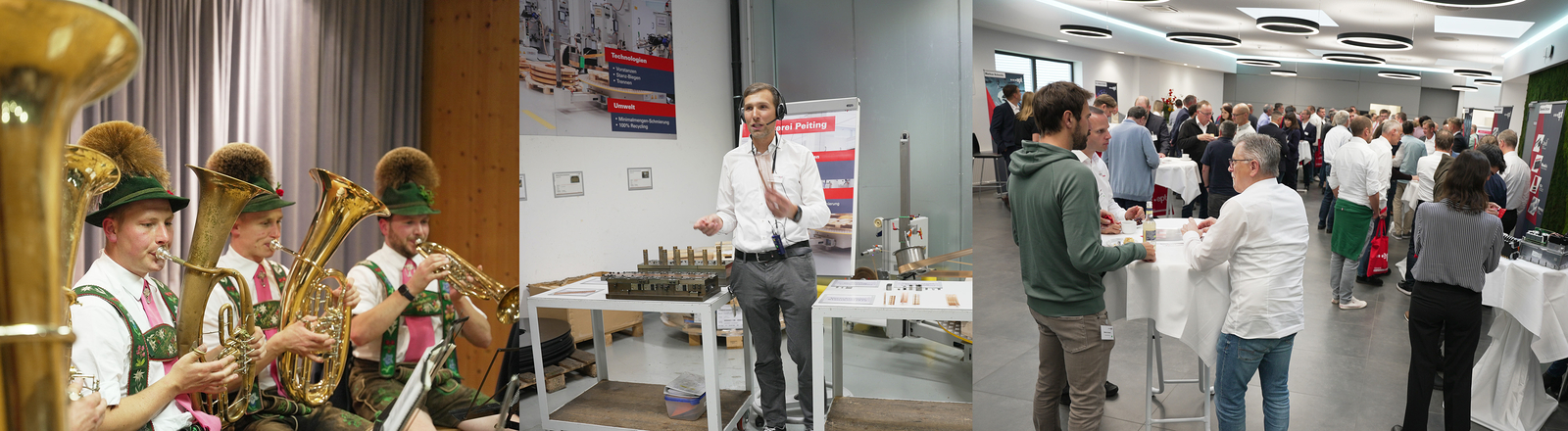 Das Bild zeigt eine Kombination aus einer Blaskapelle, einer Präsentation in einer industriellen Umgebung und einem Networking-Event mit vielen Menschen.